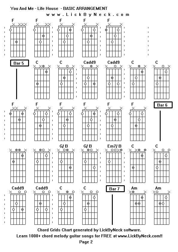 Chord Grids Chart of chord melody fingerstyle guitar song-You And Me - Life House  - BASIC ARRANGEMENT,generated by LickByNeck software.